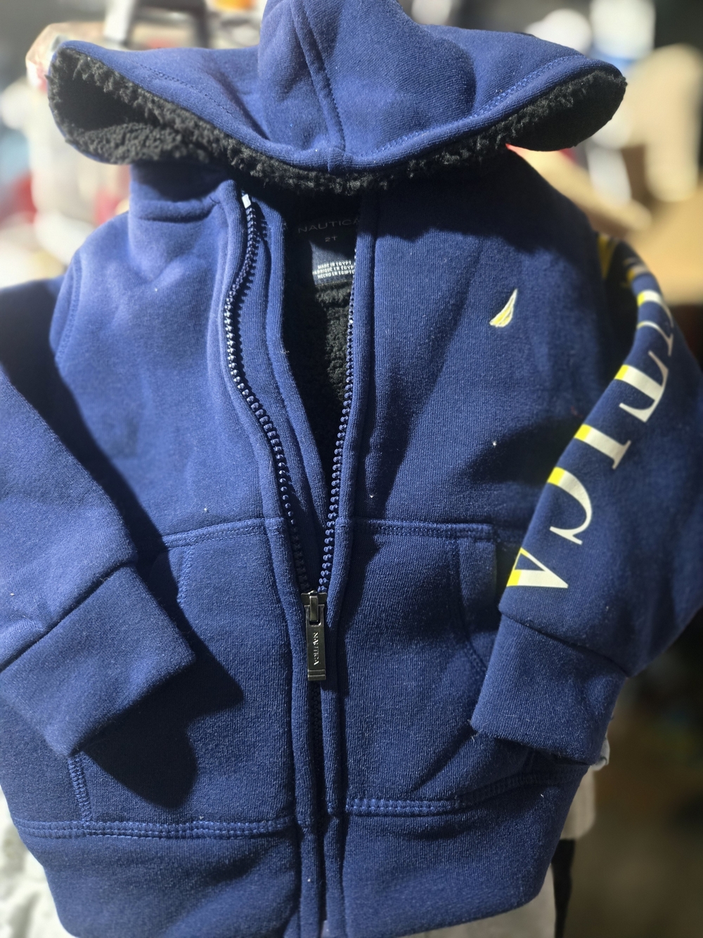 Nautica Navy Kids Hooded Fleece Zip Jacket with Yellow Logo